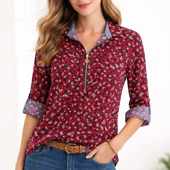 Tommy Hilfiger Red Floral Quarter Zip Top Roll Tab Sleeve Women’s size Medium - Picture 1 of 4